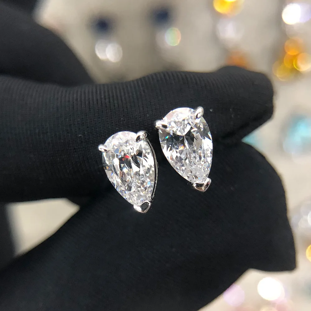 White Rainbamabom 925 Sterling Silver Pear Water Drop Created Moissanite Gemstone Ear Studs White Gold Earrings Fine Jewelry Wholesale - Цвет камня: White