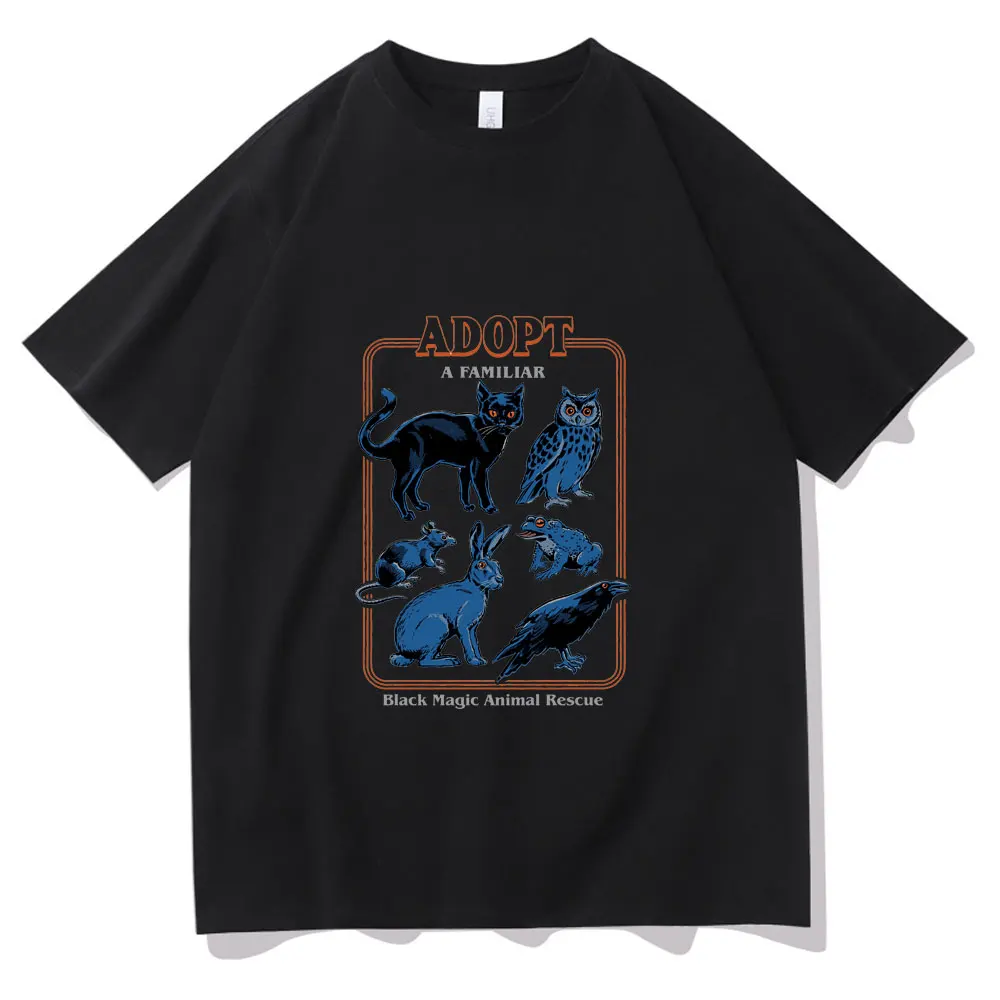 

Adopt A Familiar Tshirt Men Women Classic Vintage Fashion T-shirt 70s Witchcraft Cat Horror Black Magic Animals Tee Short Sleeve