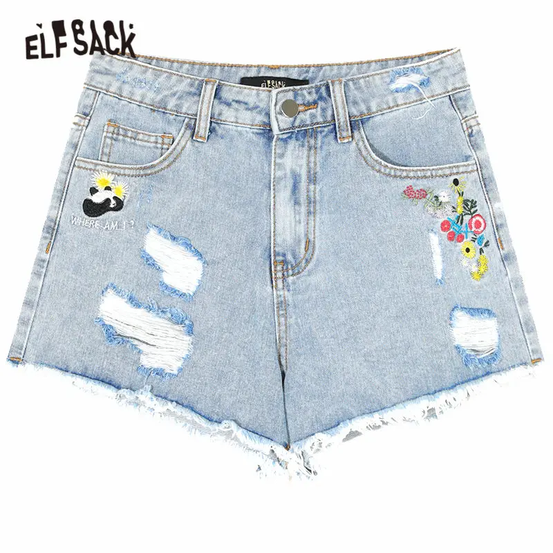 Женские потертые джинсовые шорты ELFSACK рваные с цветочной вышивкой в виде панды и