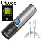 Светодиодный фонарик T6, встроенный USB Перезаряжаемый литиевый аккумулятор 1200 мАч, светильник онарь для кемпинга, масштабируемый фонарик, алюминиевый модный