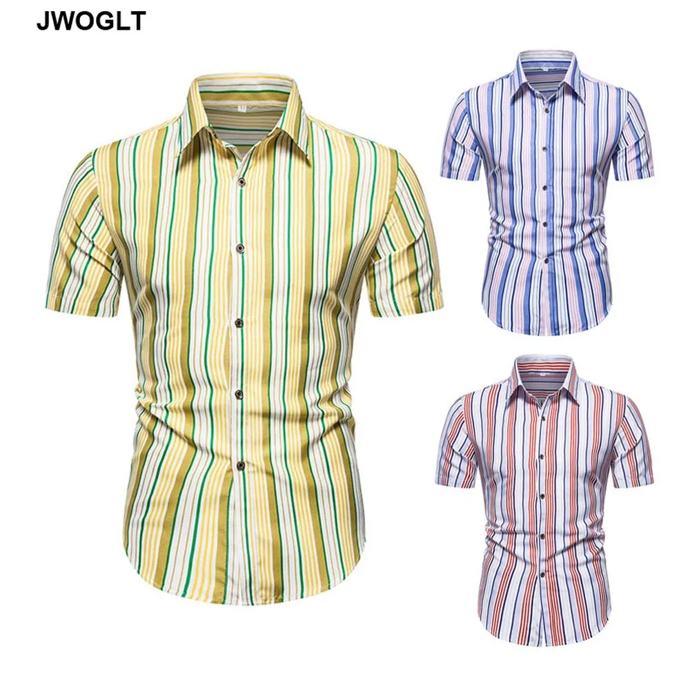 

Summer New Fashion Mens Short Sleeve Shirts Button Down Striped Shirt