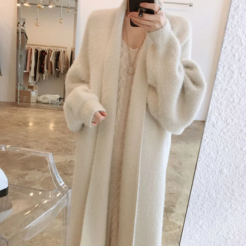 2021 Autumn Winter New Women'S Faux Mink Cardigan Jacket One-Piece Korean Elegant Loose Long-Sleeved Midi Warm Cardigan Jackets