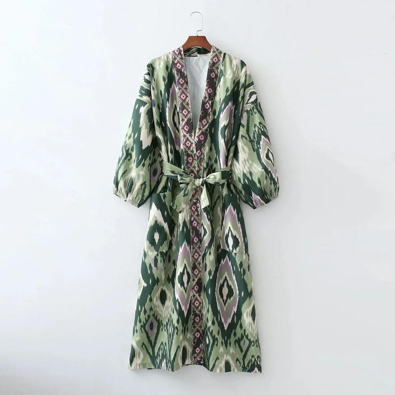 

Женское платье-миди с поясом, повседневное свободное платье-Топ с длинным рукавом, винтажное платье-кимоно с принтом, 2021