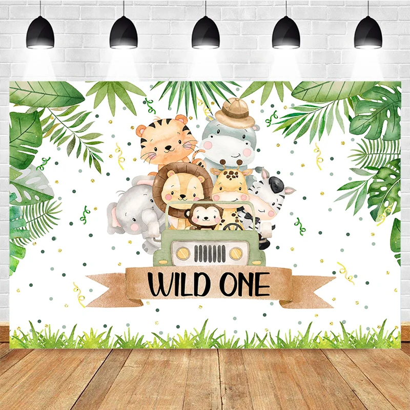 

Wild Baby Shower Backdrop Jungle Animals Party Photo Background Safari Wild One Photography Backdrops Monkey Lion Elephant Zebra