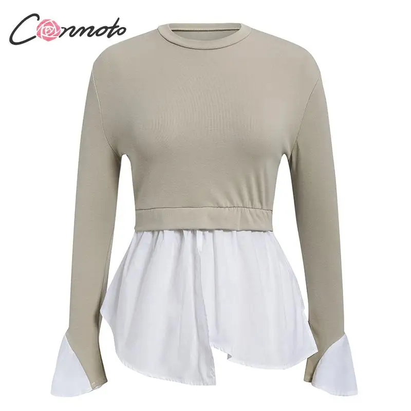 Conmoto осень-зима 2019 корейские Лоскутные рубашки Топы женские трикотажные