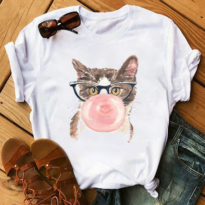 

Shirts Woman Summer Funny Cat Women T Shirt Casual Short Sleeve Korean Kawaii Ulzzang Tshirt Female White Print Top Tees Mujer