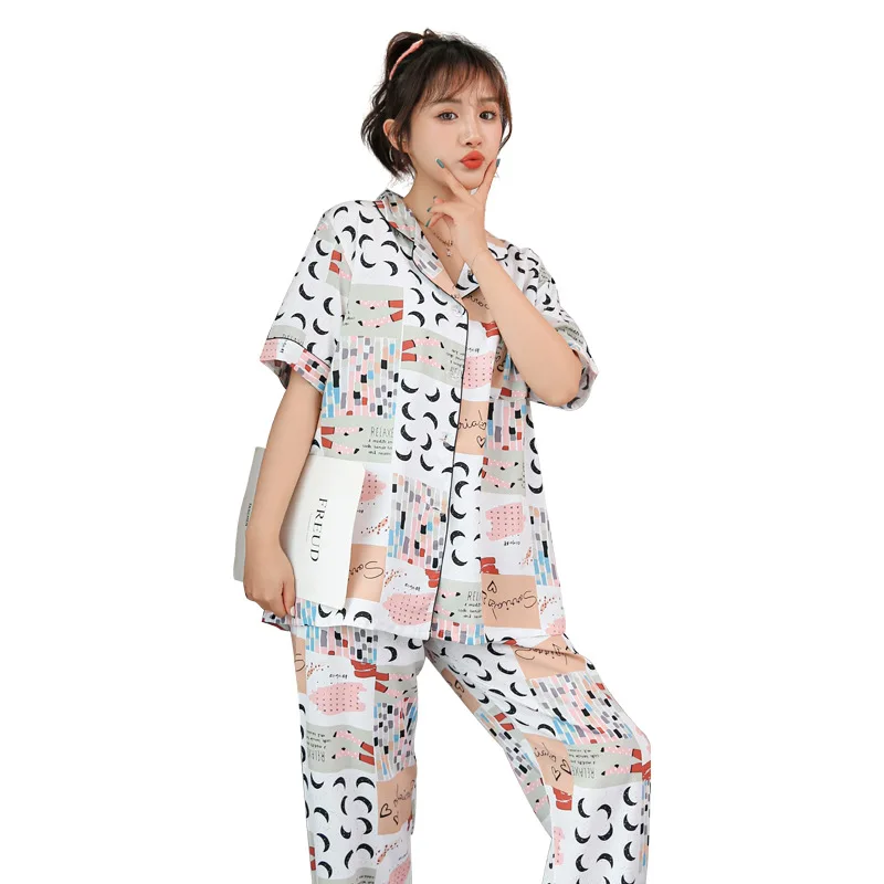 

2021 summer new floral cute cotton pajamas short-sleeved trousers ladies home service lapel