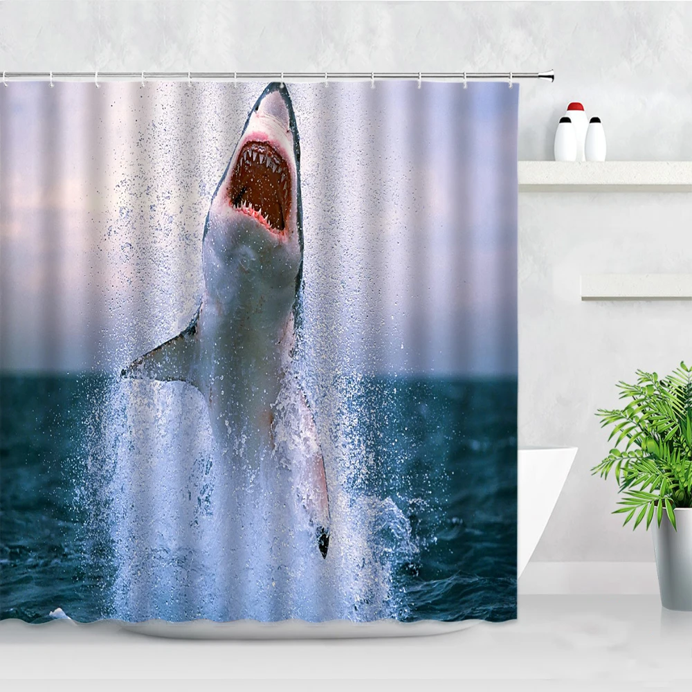 Dolphin Ocean Landscape Shower Curtains Sunset Sea Waves Shark Fish Marine Animals Decor Bathroom Waterproof Bath Curtain Hooks | Дом и сад