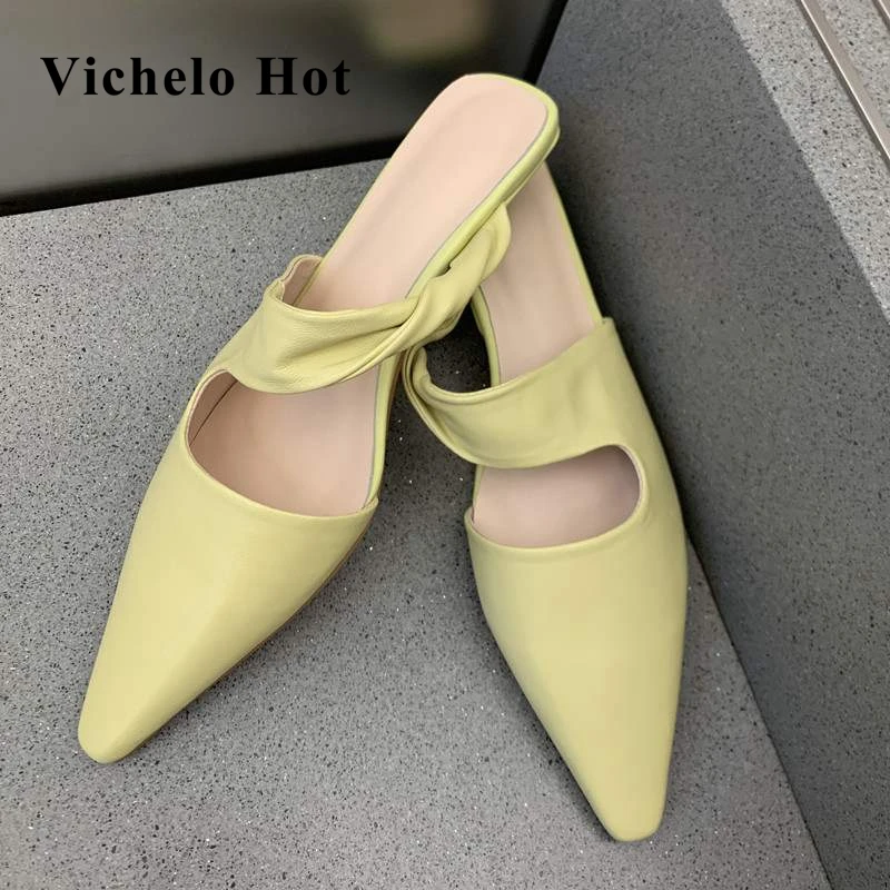 

Vichelo Hot size 40 genuine leather pointed toe med heel slip on slingback outside slippers elegant solid mules shoes women L24