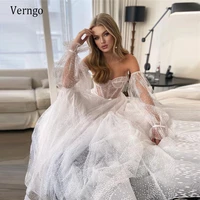 verngo 2021 new glitter tulle sweetheart a line wedding dress with detachable puff long sleeves boning top sparkly bridal gowns