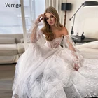Платье Свадебное ТРАПЕЦИЕВИДНОЕ из блестящего фатина, со съемными буфами и длинными рукавами