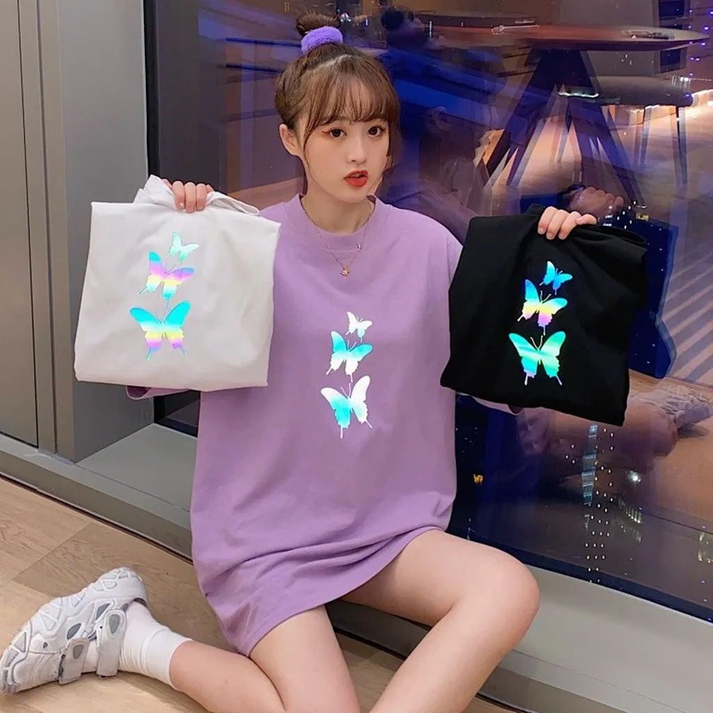 

Модная женская летняя сексуальная свободная уличная блузка с круглым вырезом и принтом бабочки, светоотражающая блузка с коротким рукавом,...