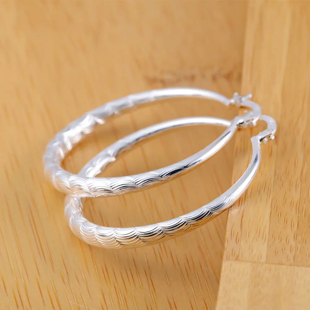 

925 Silver Plated Environmentally Friendly Copper Plated Thick Silver Women's Round Hoop Earrings Nail print Party Wedding Gift