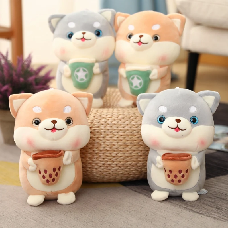 

25cm Holding Bubble Tea&Coffee Shiba Inu Doggy Brown&Grey Colors Small Animal Plush Toy Stuffed Doll For Wholesale Dropshipping