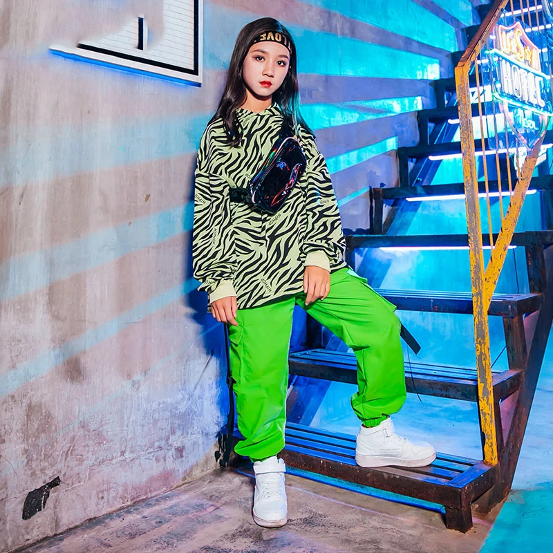 Танцевальные костюмы в стиле хип-хоп для девочек флуоресцентные зеленые брюки