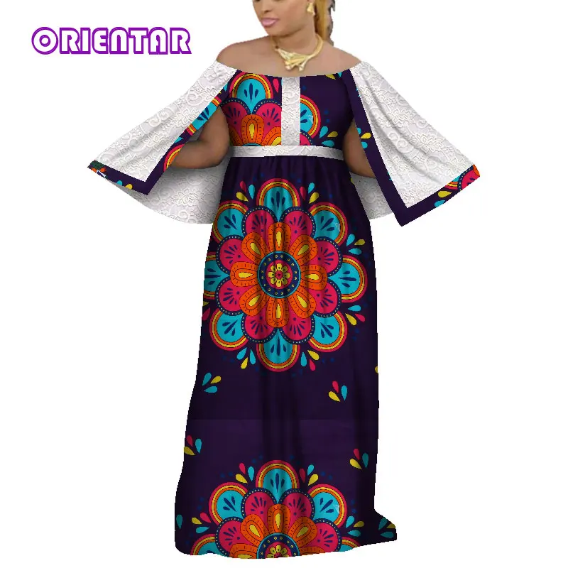 ORIENTAR Long Dress African Dresses for Women Fashion Slash Neck Lace Shawl Lady Robe Africaine Femme African Clothes WY4231