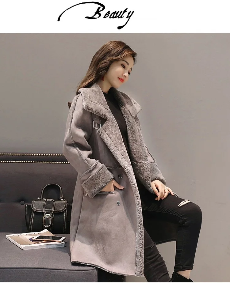 Женское меховое пальто из оленьей кожи с бархатной подкладкой длинное серого