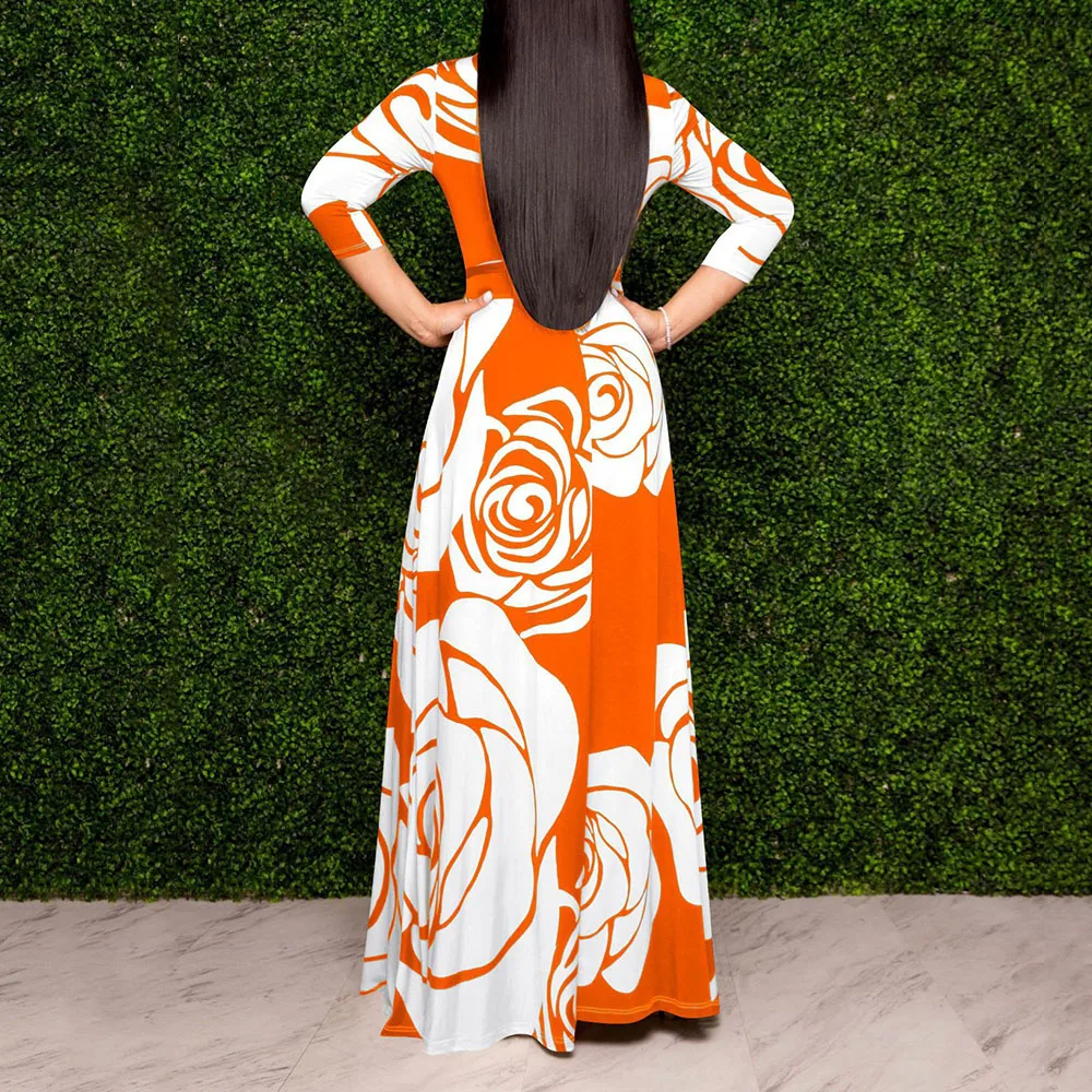 Женское длинное вечернее платье до пола с цветочным принтом и V образным вырезом