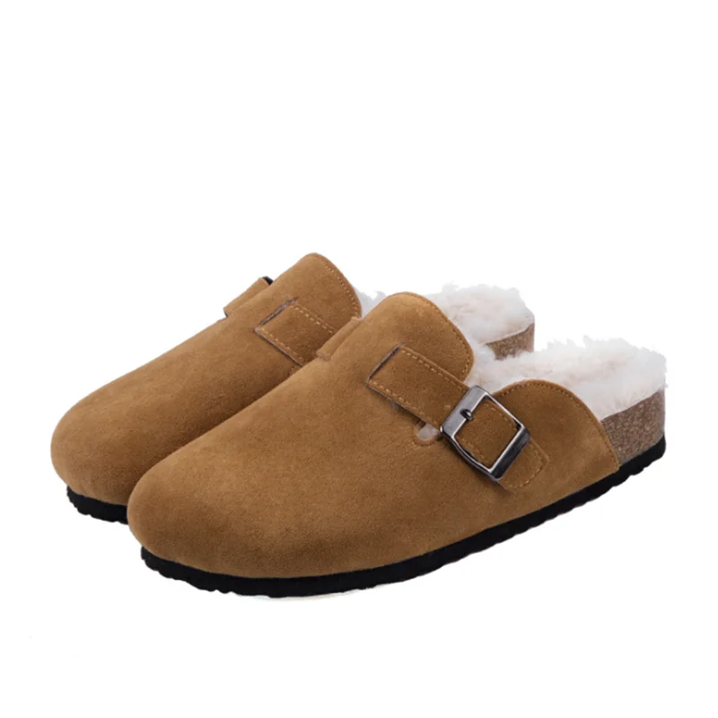 

2022 Fashion Winter Fur Slipper Leather Mule Clogs Slippers Long Plush Warm Indoor Soft Cork Buckle Slides Footwear for Women