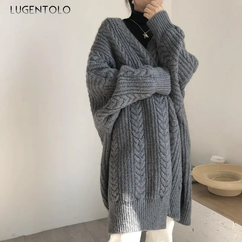 

Женский Повседневный Кардиган Lugentolo, Однотонный свитер с длинным рукавом, с разрезом и завязками, Осень-зима