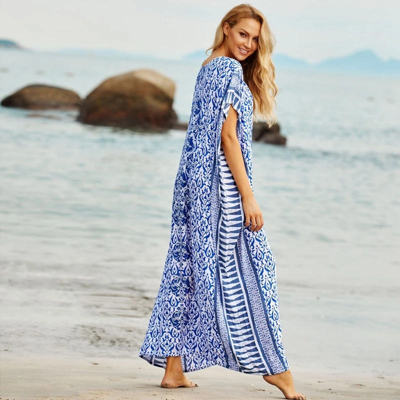 Платье-Кафтан длиной до пола цвета индиго этническое платье макси Пляжная