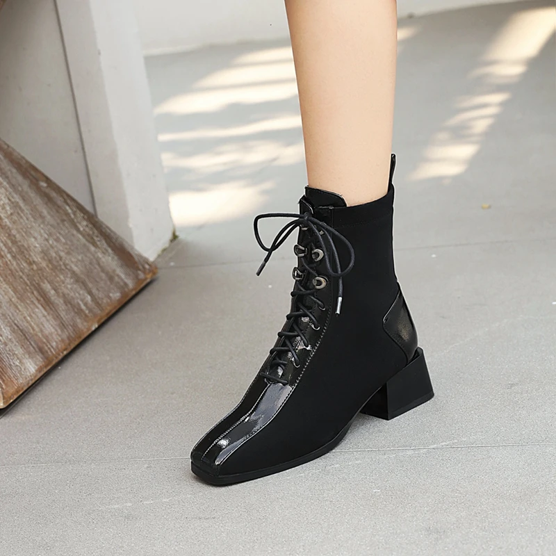 

High Heels Motorcycle Boots Women Emboss Ankle Boots Female Lace Up Shoes Ladies Square Toe Shoes Women Winter 2020 Women Shoes