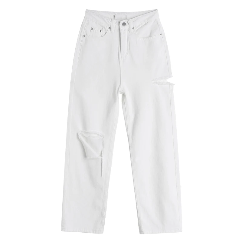 Women Casual Loose White Straight Pants 2021 High Street Fashion High Waist Ripped Hole Jeans Korean Streetwear Denim Trousers