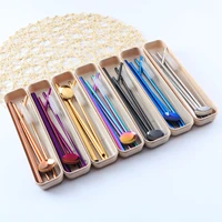 304 stainless steel straw package convenient straw spoon cleaning brush wheat box six piece set