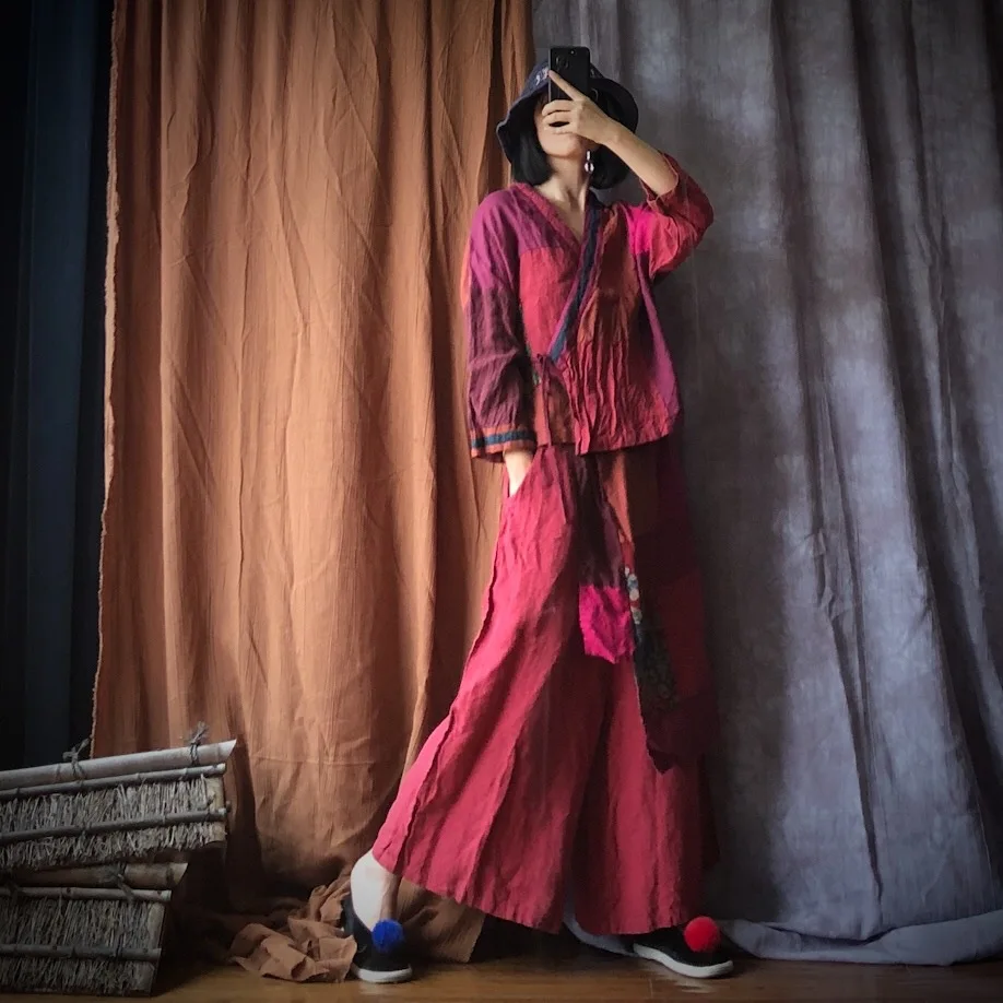 

Original sand washed pure linen contrast shirt women's spring and autumn wide leg pants fisherman's pants