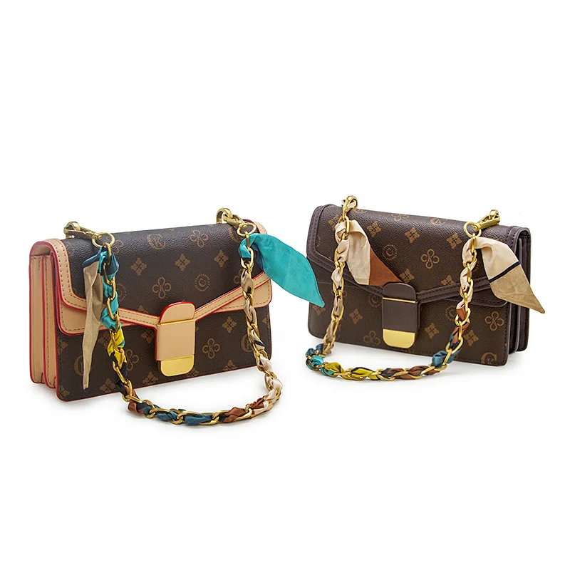 

2021 New Fashion All-match Genuine Leather Retro Old Flower Chain Small Square Bag Ladies Shoulder Satchels Armpit Bag Sac Luxe