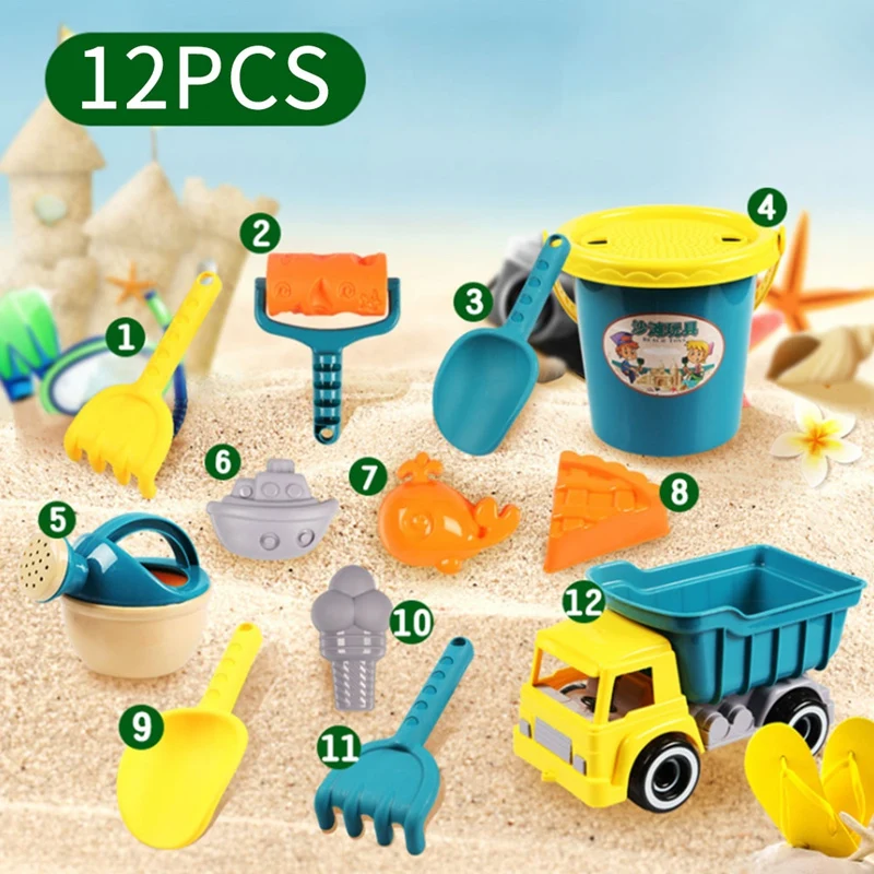 

12Pcs Dump Truck Beach Toys Set Sand Play Set Sandbox Toys Sand Shovel Watering Can Toys Child Beach Sand Toys