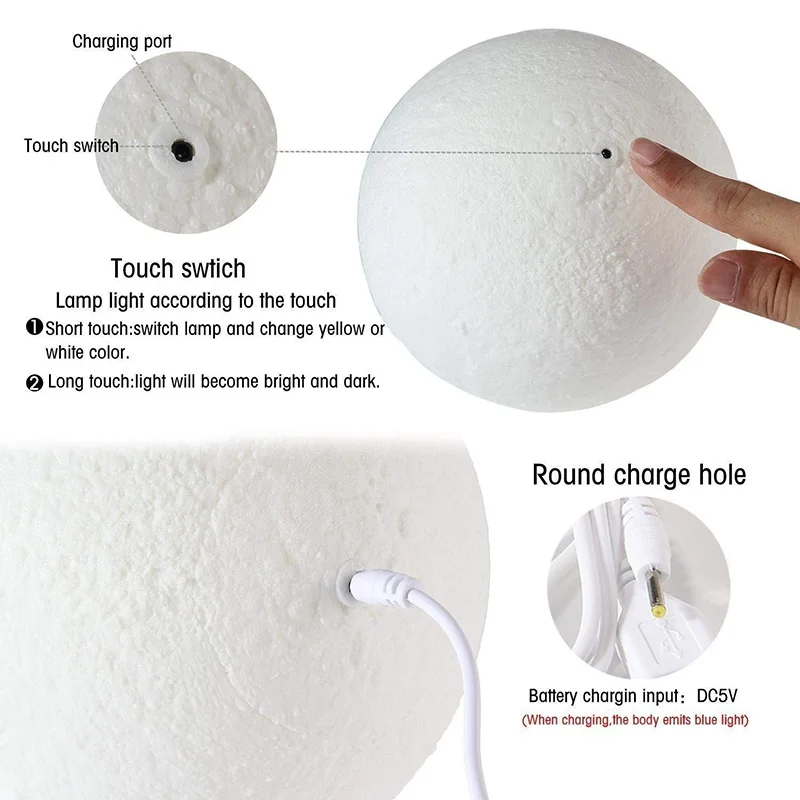 

Full Moon Lamp 3D LED Night Modern Floor Lamp Dimmable Touch Control Brightness USB Charging White Warm Light Moon Lamp