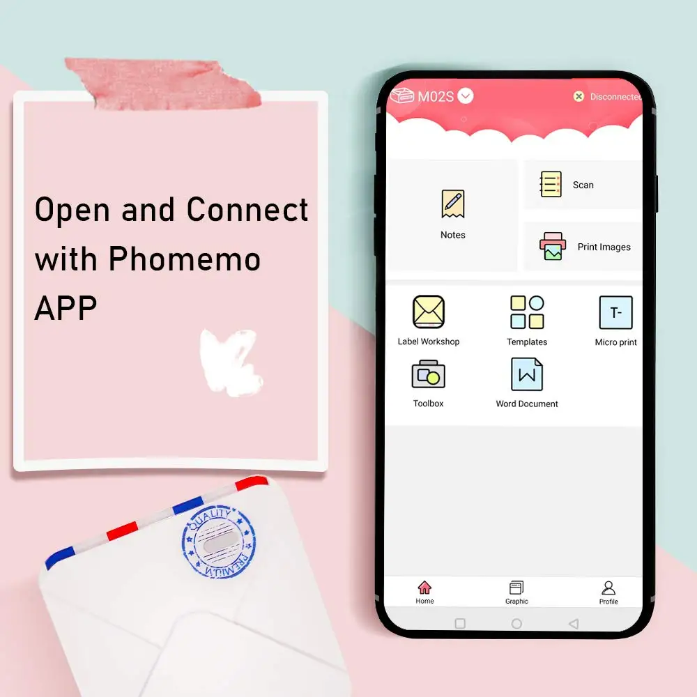 Мини Bluetooth карманный принтер Phomemo M02S термопринтер 300 точек/дюйм совместимый с iOS и