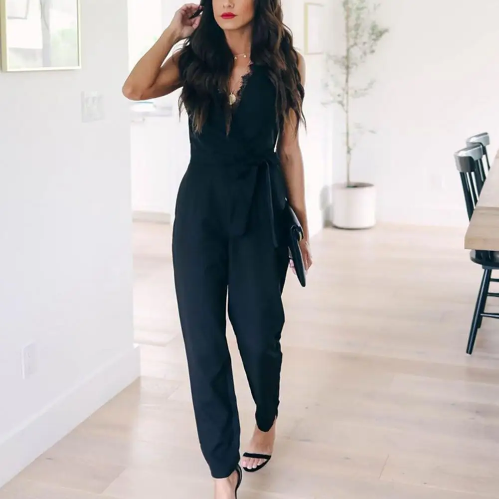 

Женский комбинезон без рукавов, однотонный комбинезон с V-образным вырезом и высокой кружевной талией, Офисная повседневная одежда, Новинка...