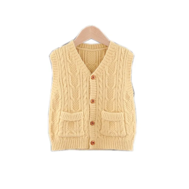 

Toddler Baby Boys Girls V-neck Cardigan Sweater Vest 2021 Kids Children Autumn Winter Waistcoat Sleeveless Pocket Casual Solid