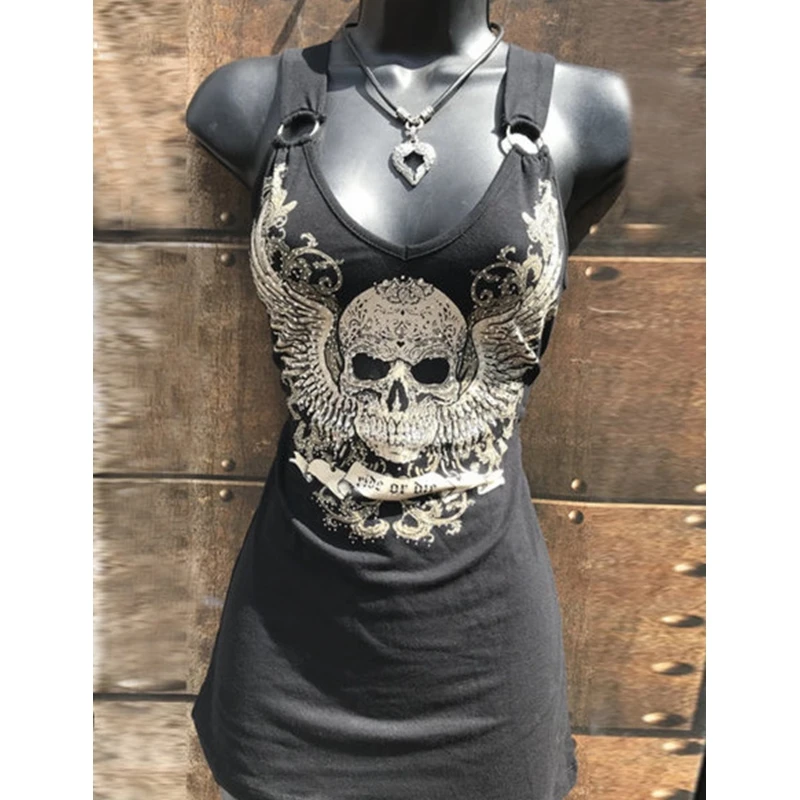 

Lugentolo Skull Tank Top Women Summer New Sexy Streetwear Round Neck Long Tops
