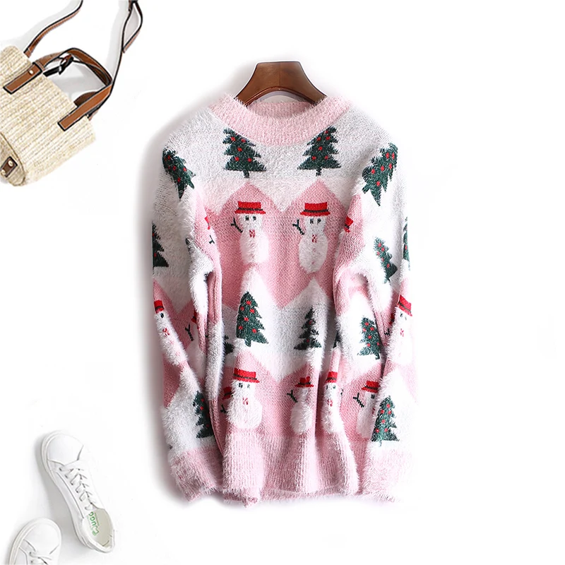 

Women's Christmas Gift Snow Sweater Ladies Jumper Knitted Tops Pullover Female Ladies Cartoon Pink Fashion Mohair Sweaters NS515