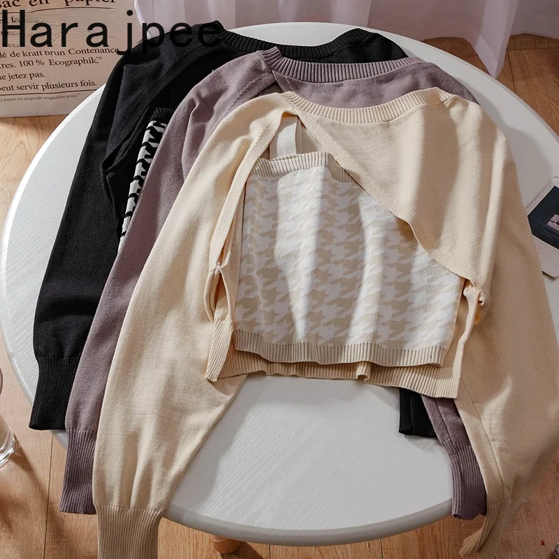 

Женский Асимметричный клетчатый короткий свитер Harajpee в стиле «гусиные лапки», модель 2021 года, в стиле ретро, Ранняя осень, новые корейские ш...
