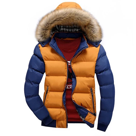 yellow with blue Мужская повседневная отстегивающаяся парка с капюшоном, Зимняя Мужская модная хлопковая приталенная куртка, Толстая Теплая мужская куртка на молнии размера плюс - Цвет: yellow with blue