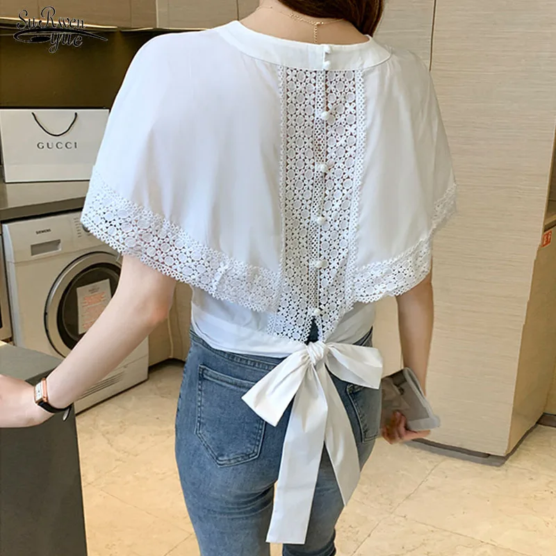 

Summer New 2021 Hollow Out Korean Batwing Sleeve Embroidered Shirt Fashion Back Bow Elegant Women's Blouse Blusa Feminina 15070