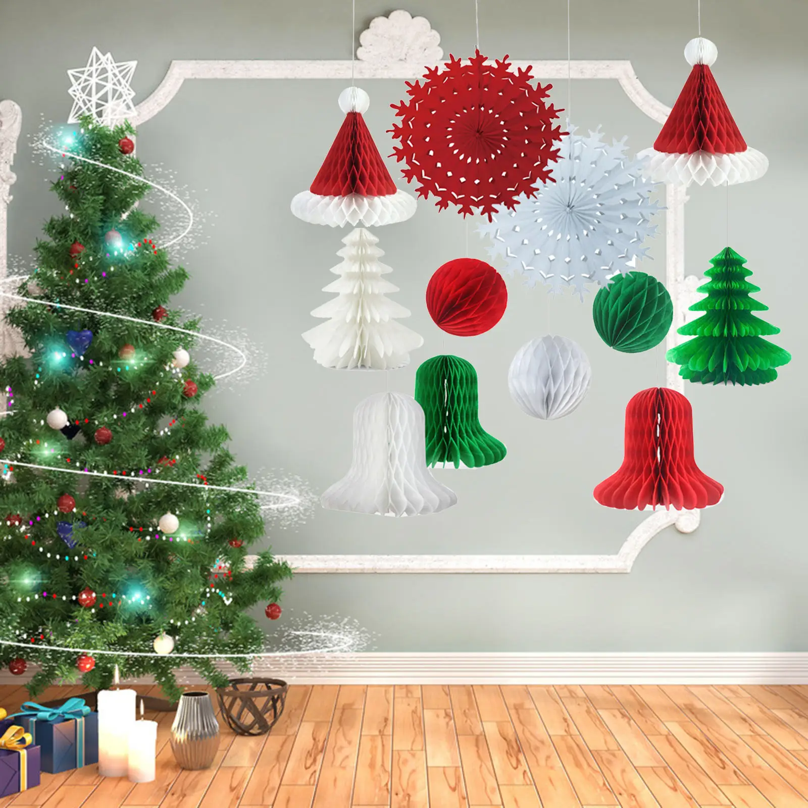 

Christmas Decorations 12pcs Honeycomb Santa Claus Hats Hanging Christmas Ornament For Xmas Party Festival Decoration