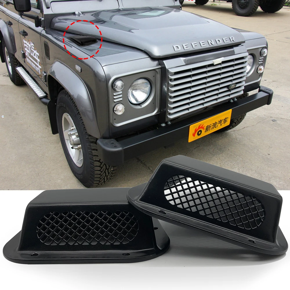 

2 pcs car decorative front hood bonnet side trim cover steel air flow intake scoop vent snow cover for Land Rover Defender