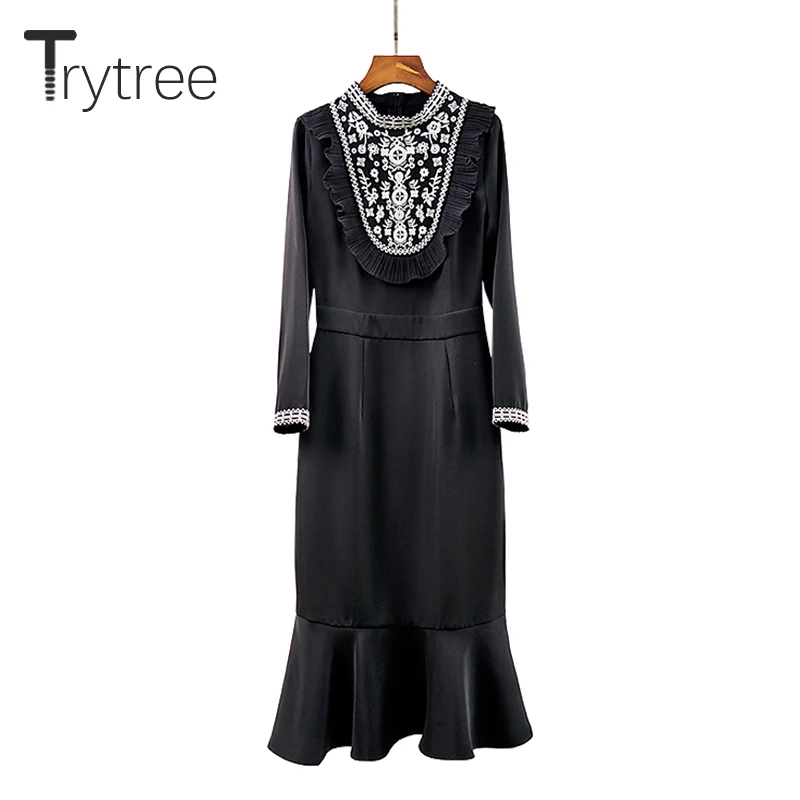 Trytree/2019 осеннее женское Повседневное платье с круглым вырезом и оборками Вышитое