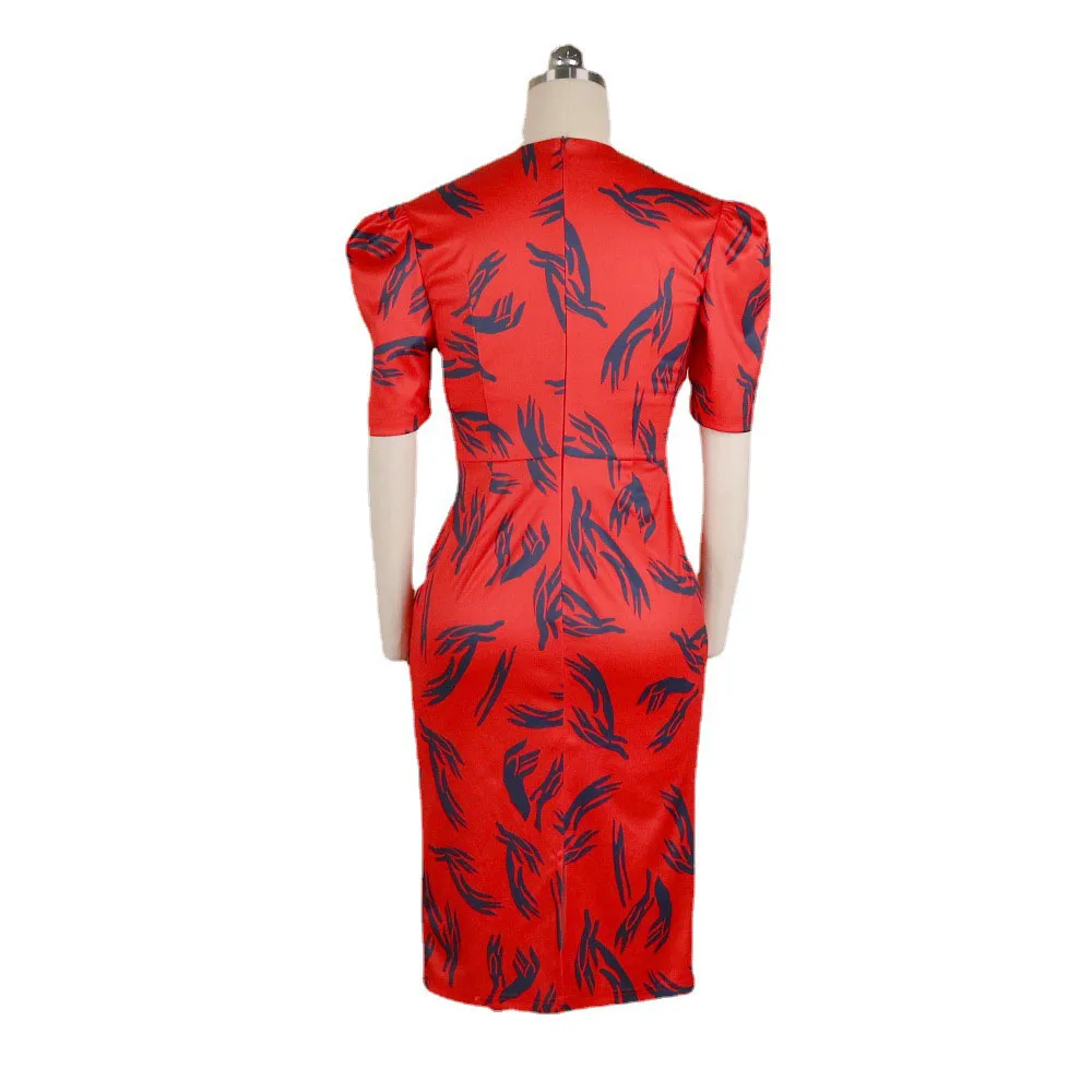 

2021 Summer New V-neck Summer High Waist Buttocks Slim Split Fork Digital Printing Commute Oversize Women's Dress Puff Sleeve