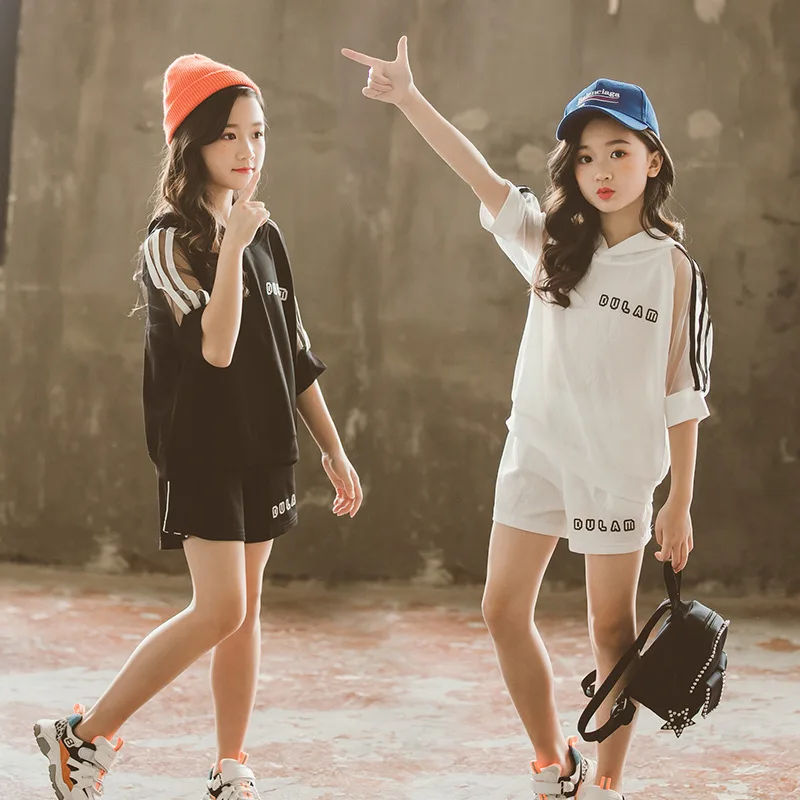 

2022 summer Kids Girls Clothes mesh Hooded t shirt blouse + shorts hot pants 3 4 5 6 7 8 9 10 11 12 years Teenage Tracksuits