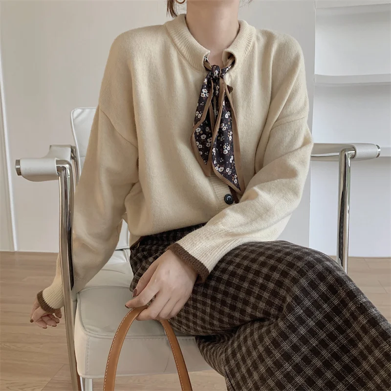 

2021 autumn bow tie collar cardigan female long sleeve knitted top sweater women korean fashion plus size pull femme loose coat