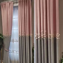 Colorblock Embroidered Beaded Cashmere Chenille Shading Curtains for Living Dining Room Bedroom (3)