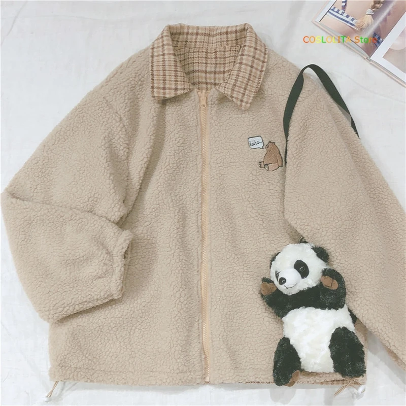 

Women Cute Bear Embroidery Loose Lamb Wool Coat Student Thicken Plaid Jacket Small Fresh Soft Sister Long Sleeve Outer Wear Tops
