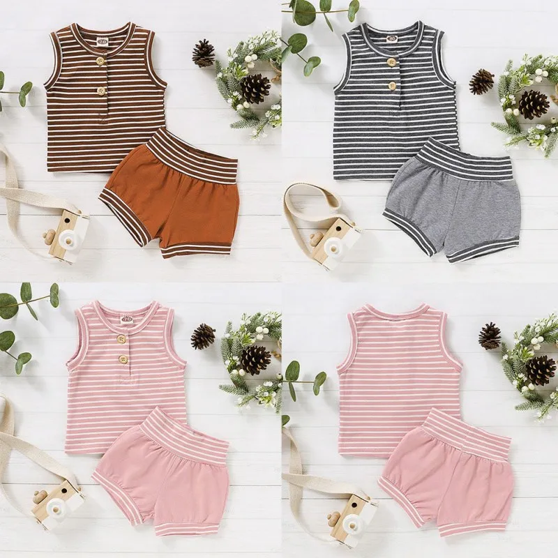 

New 2020 Summer Baby Girl Boy Clothing Casual Sleeveless Stripe Print Tops Vest With Shorts Outfits Set Two-Piece Clothing Set