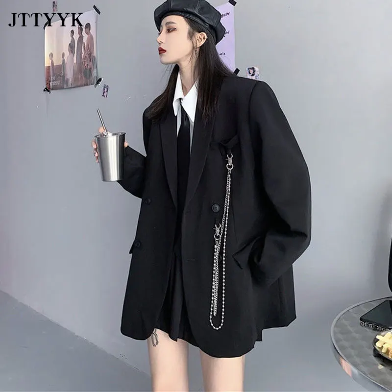 

New 2021 Spring Autumn Women Casual Blazers Black White Double breasted Plus size Blazers Jackets Coat Suit Loose Outerwear Tops